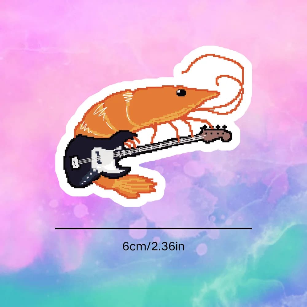 2Pcs Pixel Shrimp Playing Guitar Stickers, Funny Meme Waterproof Decals for Car Laptop Water Bottle