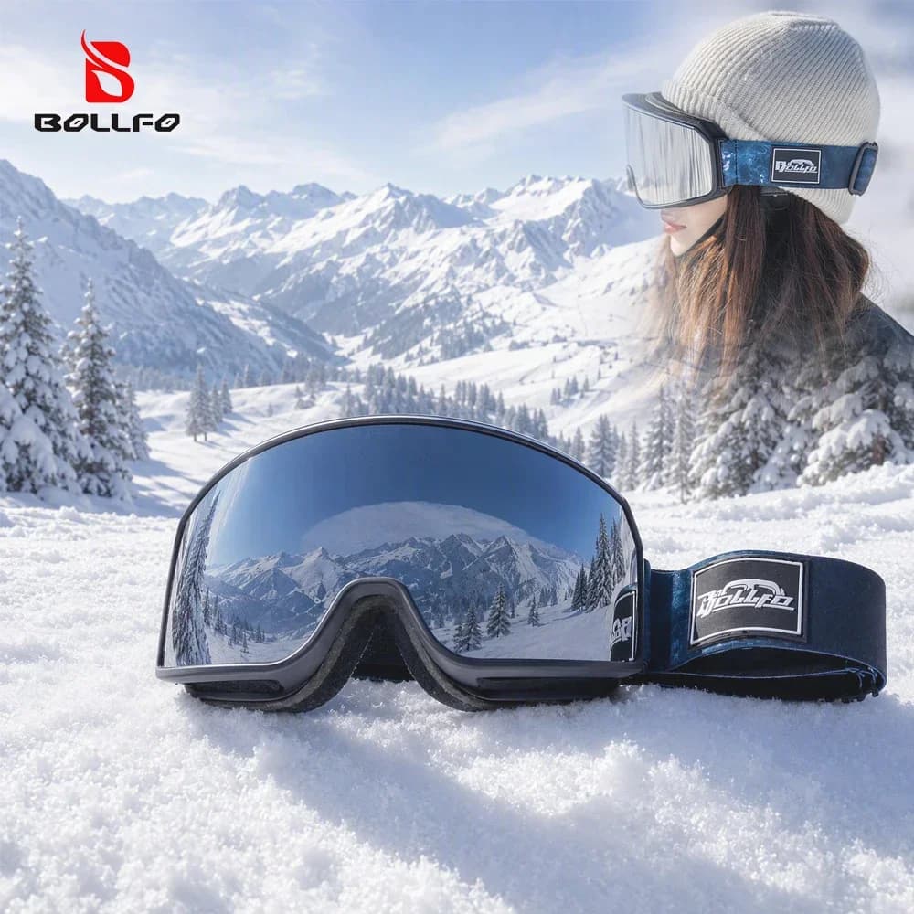 BOLLFO Ski Goggles for Men And Women OTG UV400 Anti-Fog Mirror Lens Winter Snowboard Motocross MTB Cycling Glasses Fashionable
