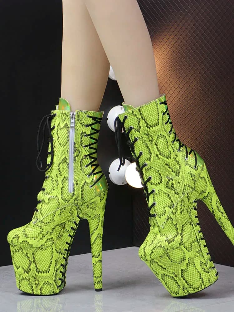Yellow Snake Print Platform Boots High Heels 20cm Lace Up Pole Dance 8Inch Stripper Heels Fashion Gothic Sexy Fetish Mature New