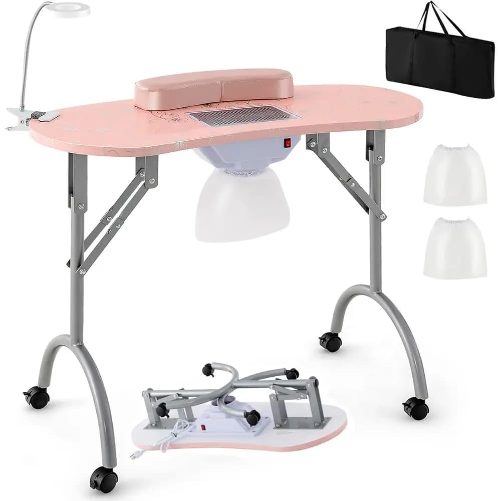 Portable Manicure Table with Electric Dust Collector, USB-Plug LED Lamp, Wrist Rest, 4 Lockable Wheels, Foldable Nail Desk with