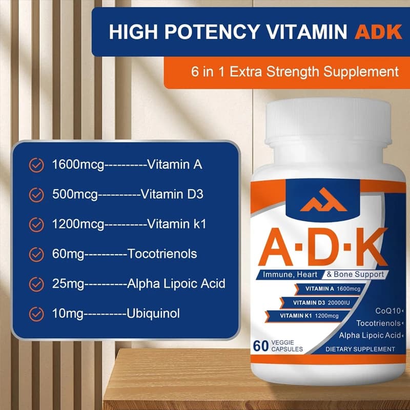 ADK 2000 UI vitamin supplement - High efficiency vitamins A, D3, and K1 for heart, bone and immune support, 60 capsules