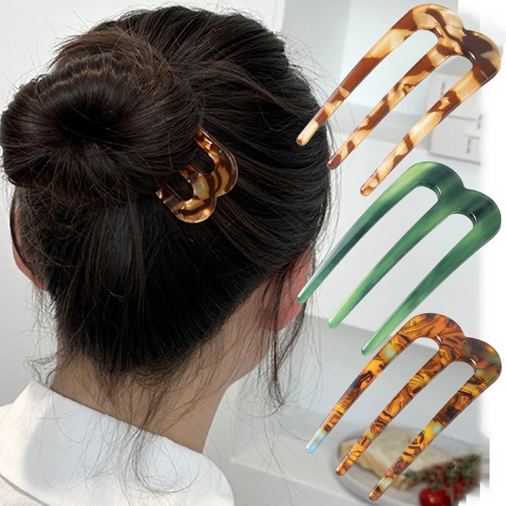 Hair Forks in Acetic Acid Three Tooth Hair Sticks U Shaped Hair Fork Accessories for Hair Hairstyle for Women's Girls Hair Band