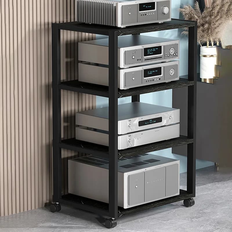 Supporto per altoparlante a 2-5 livelli 360 ° Rack audio con ruota Robusto ripiano per amplificatore con struttura in metallo Staffa di stoccaggio 40x50 cm per radio home theater DJ