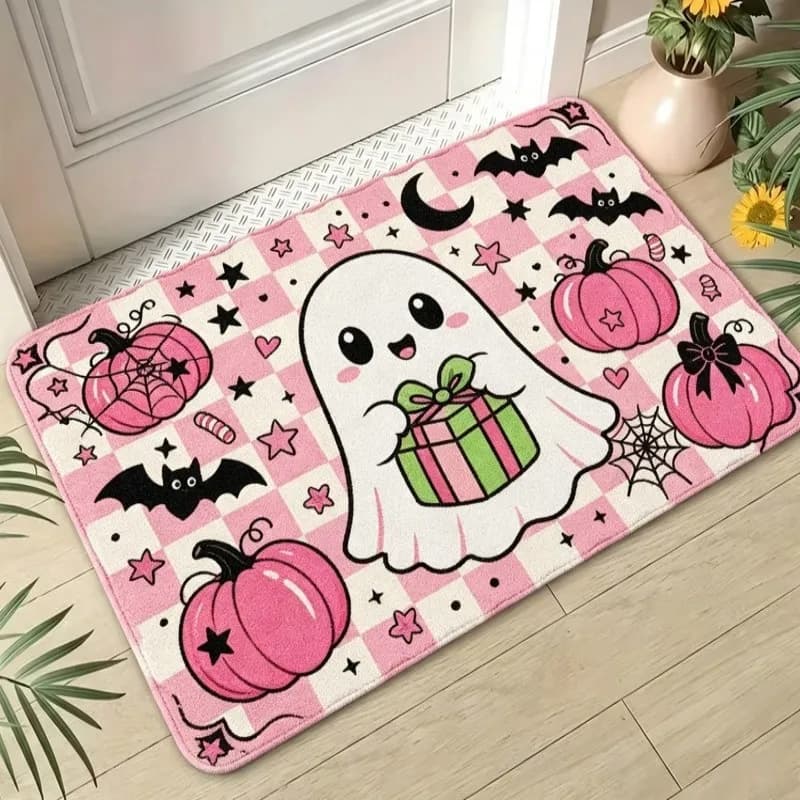 Ghost Pumpkin Halloween Rug Pink Checkered Bat Star Print Non Slip Indoor Entrance Mat For Spooky Season Home Decor