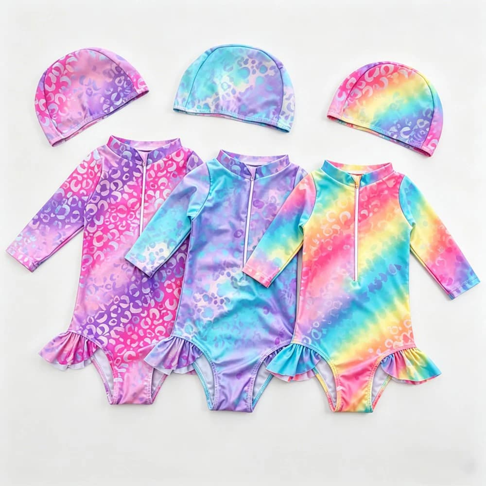 Costume da bagno per bambine, costume protettivo solare, set con cappuccio coordinato, costume da bagno a maniche lunghe con orlo arricciato per neonate, abbigliamento da spiaggia per bambine