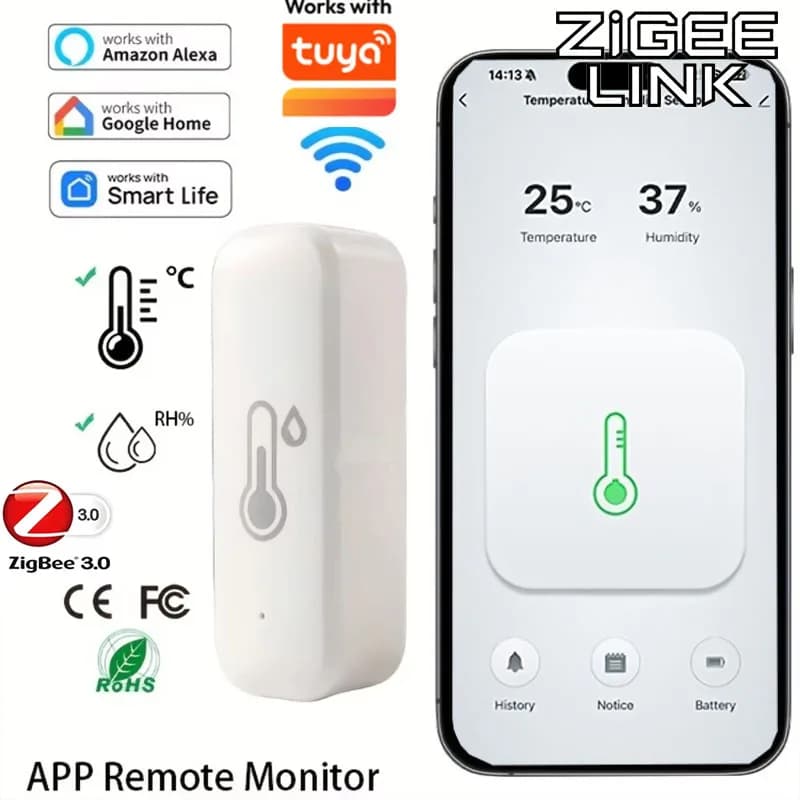 Sensore di Temperatura e Umidità Tuya WiFi Zigbee, Termometro e Igrometro Smart per Casa, Monitoraggio Remoto tramite App, Compatibile con Alexa e Google Home