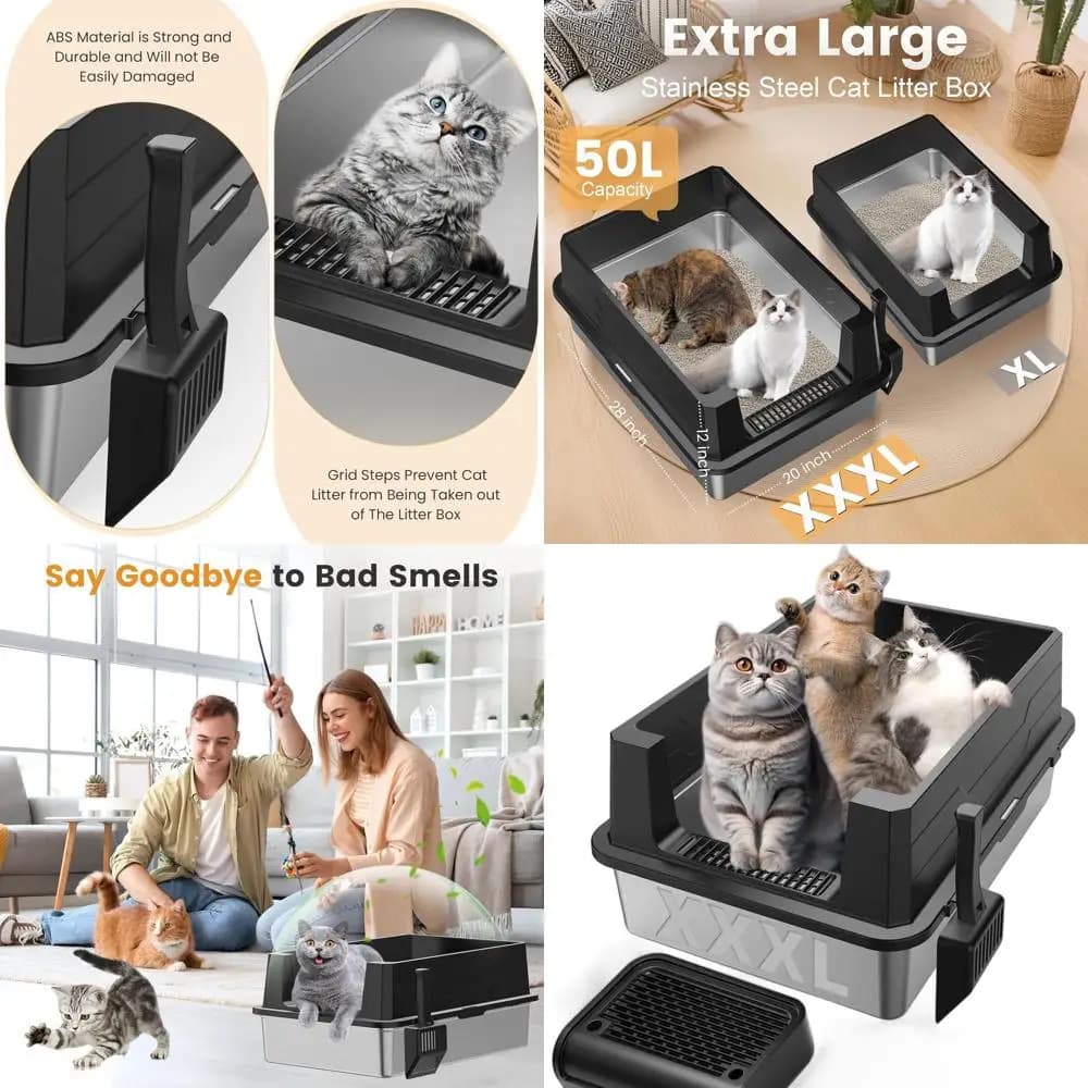 Lettiera extra large in acciaio inossidabile da 28 L x 20 W con pedana per gatti grandi e gatti multipli - Lato alto, anti-perdite, non-St