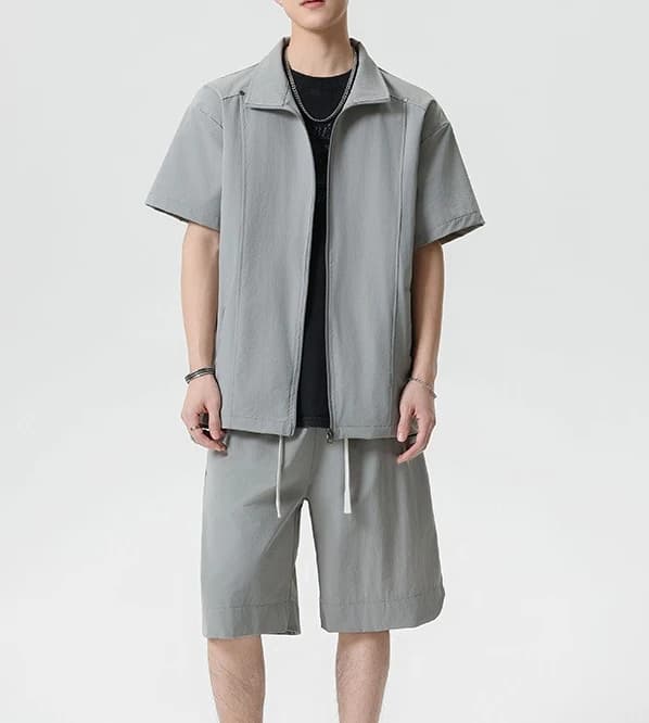 2026 Summer Men's Sports Outdoor Zipper Stand-up Collar T-shirt Quick-drying Knitted High-elastic Breathable Shorts Set