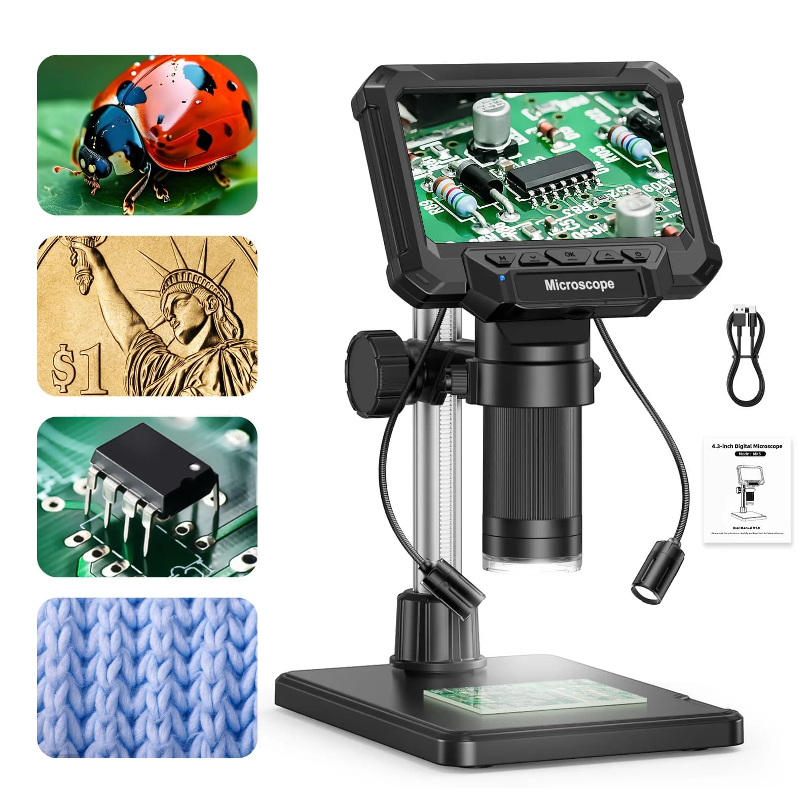 Microscopio Digitale con Schermo IPS da 4,3 Pollici, Ingrandimento 1600X, Illuminazione e Video HD 1920P per PCB, Monete, Piante