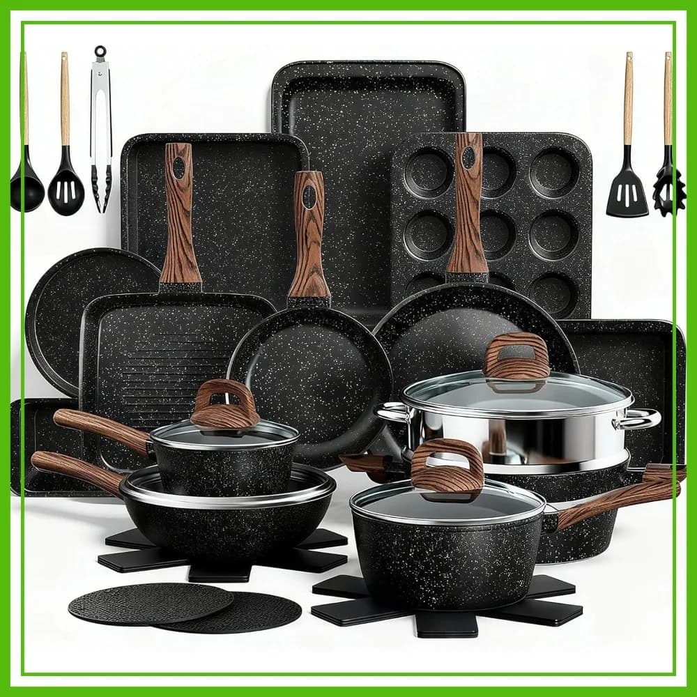 Set di 31 Pezzi di Pentole e Padelle Antiaderenti, Set di Utensili da Cucina e da Forno per Induzione con Padelle, Griglia, Casseruola, Teglia e Utensili, Senza PFOA