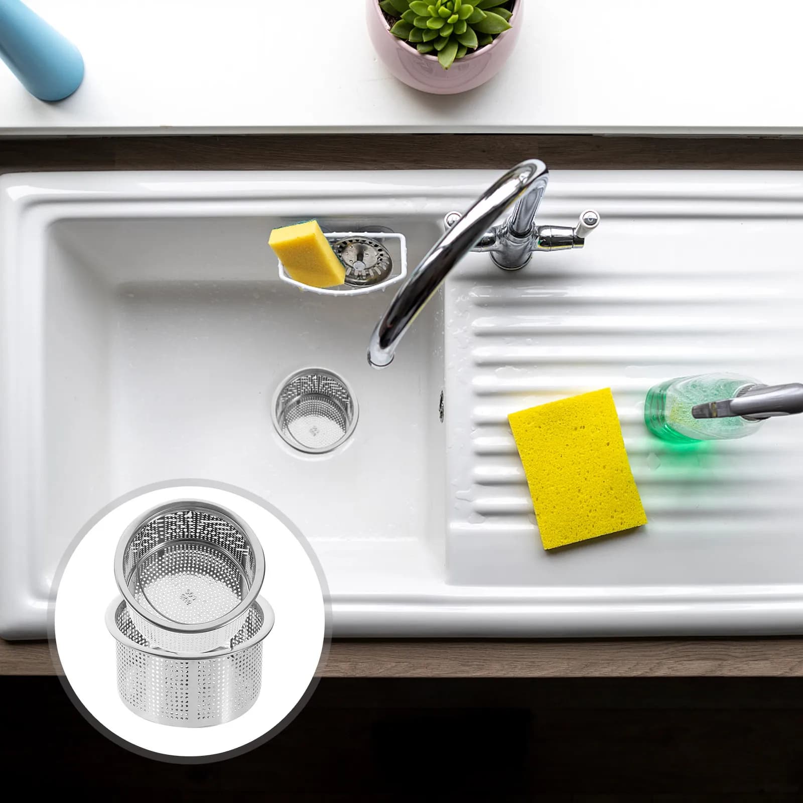 Set di 2 Filtri per Lavello in Acciaio Inox con Manico, Cestello Filtrante per Cucina e Bagno, Raccoglitore di Rifiuti Alimentari