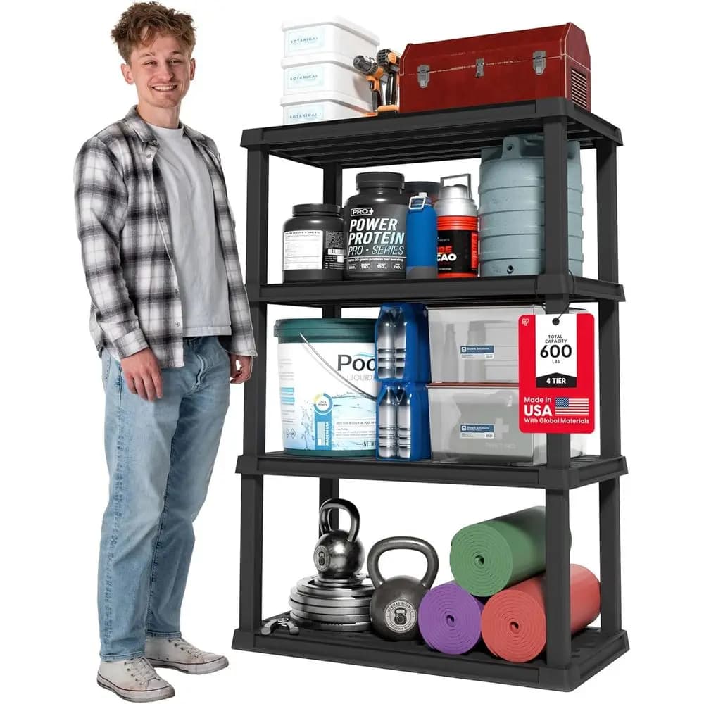 4-Shel Heavy Duty Plastic Storage Shelves, 600lb capacity, 56 H x 36 W x 18 D, Large Unit Storage Organizer for Garage, Home, Wa