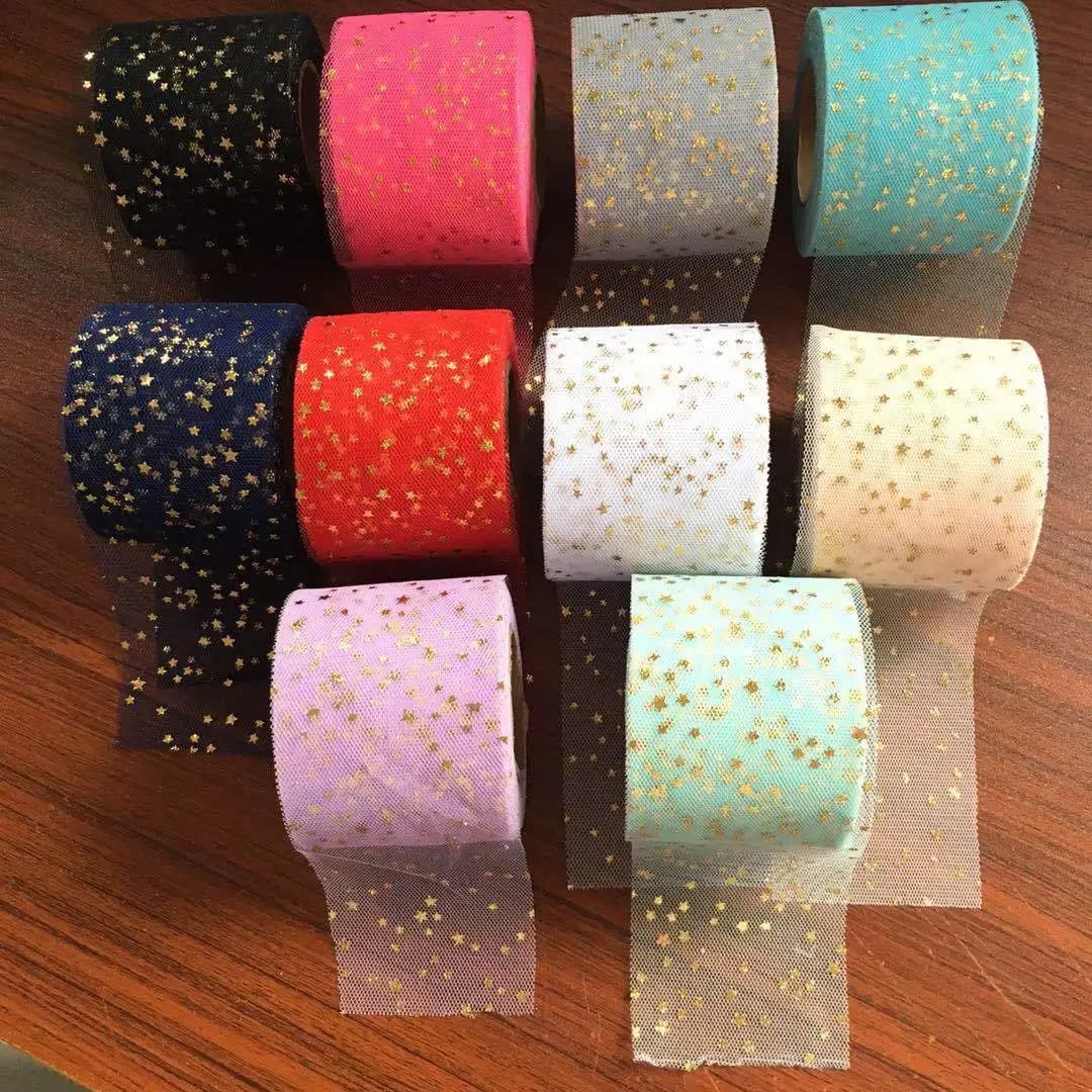 Star Ribbon Bow Mesh Roll 6cm Hot Stamping DIY Hair Accessories Material Rope Net Decoration Tulle Craft Gift Bow Packaging