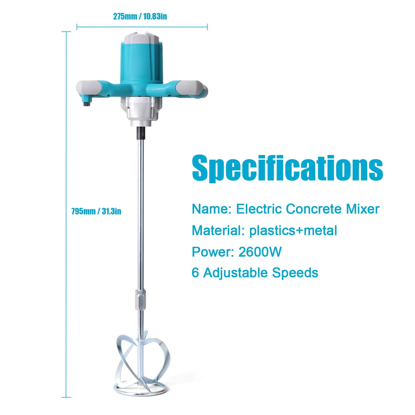 Electric Concrete Mixer 2600W Portable Concrete Mixer Portable Concrete Mixer 6-speed Adjustable Thinset Pl mortar mixer