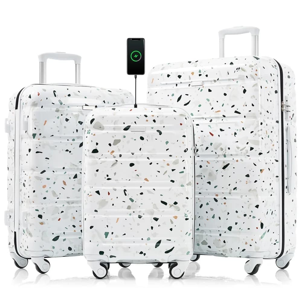 Set di 3 Valigie in ABS+PC, Bagaglio a Mano da 20 Pollici, Valigia Rigida con Ruote Girevoli, Porta USB Integrata, Leggera, Compatibile con Serratura TSA
