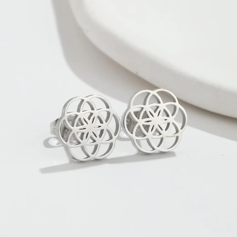 Earrings with sacred geometry life seeds Button Earrings with stainless steel cable flower