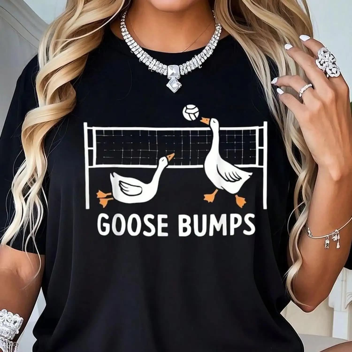 Pure Cotton Goose Volleyball Set, Fun Volleyball Shirt with Spikes, Round Neck Summer Top for Women