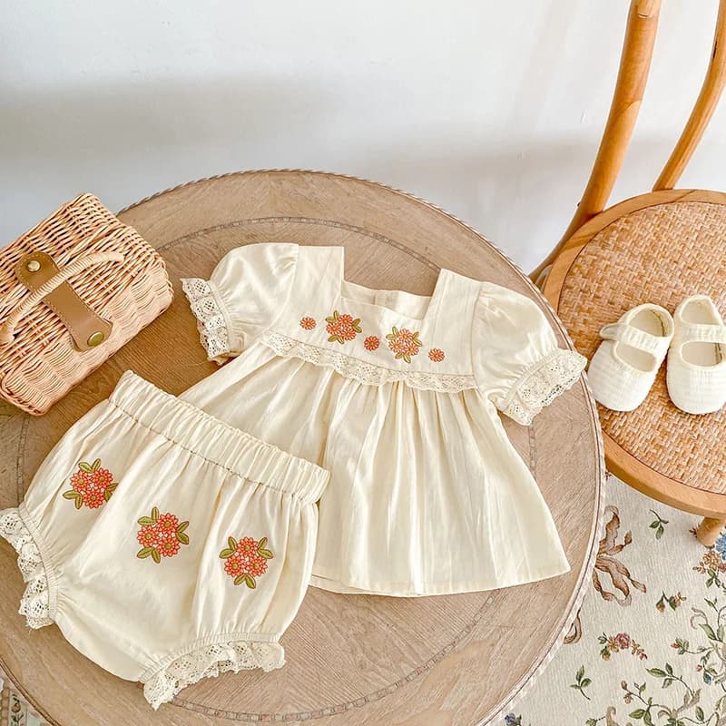 MILANCEL 2026 Set Estivo per Bambina con Ricamo Floreale, Completo con Maglietta Peter Pan e Pantaloncini, Abbigliamento per Bambine