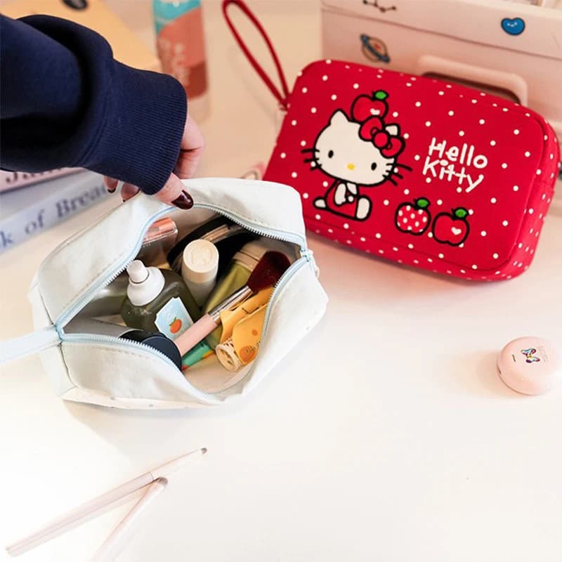 Cosmetic bag Hello Kitty in Pois with Embroidery, Portable Organizer with Hinge for Tricks, Ideal for Travel and Daily Use