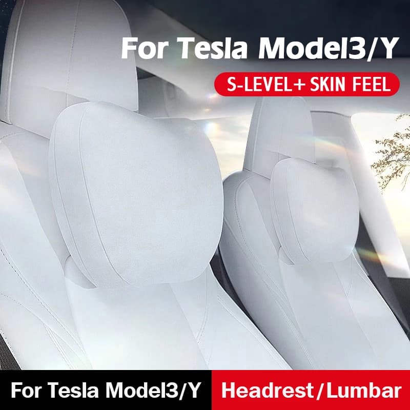 Car Seat Neck Pillow Ergonomic Memory Foam Headrest Lumbar Support 1Set For Tesla Model 3 Y Flocking Cotton Soft Breathable Cushion