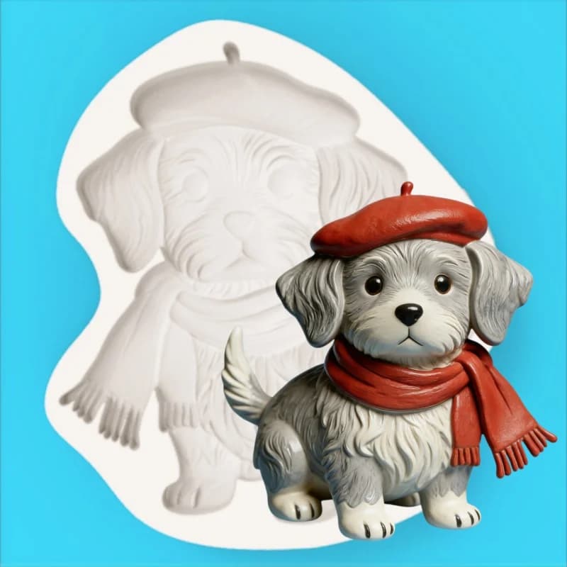 Stampo in silicone a forma di cane pittore con cappello e sciarpa per fondente e cioccolato, fatto a mano