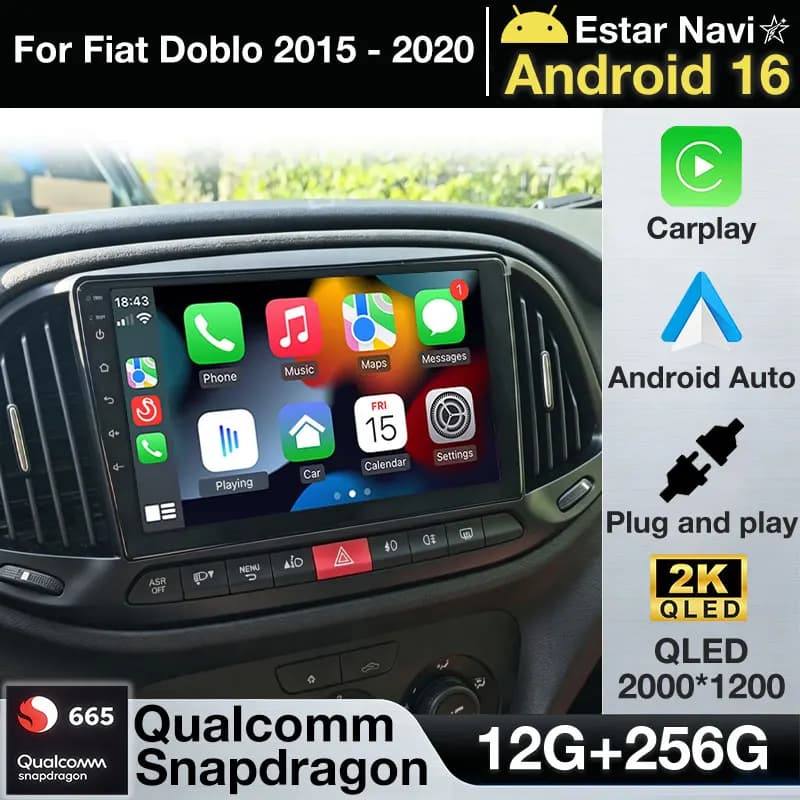 Autoradio Android 16 con Carplay Wireless per Fiat Doblo 2015-2020, Lettore Multimediale Video GPS 4G, Stereo Auto BT
