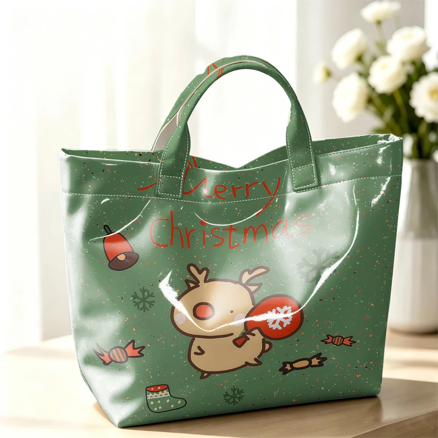 Xmas Reindeer Stylish Large Glossy PVC Tote Bag Washable Waterproof Durable Ideal for Travel Commute Cosmetics Books Handbags