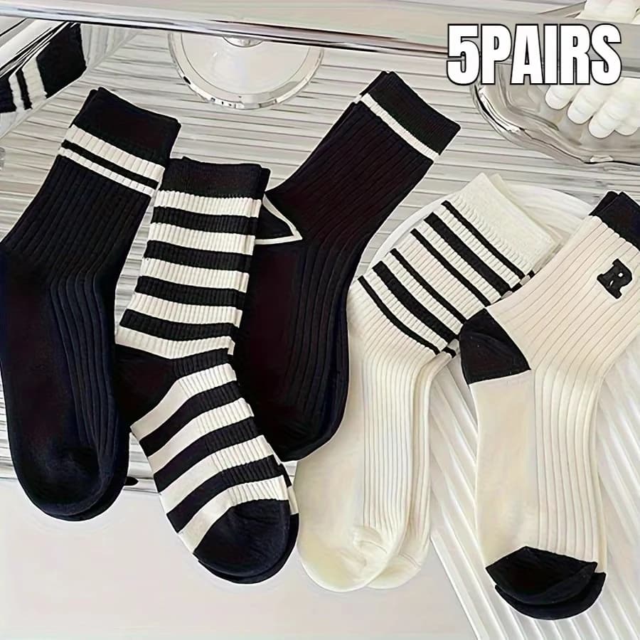 5 Pairs of Mixed Color Black and White Striped Socks, Casual Sports Tube Socks, Suitable for Wearing All Year Round