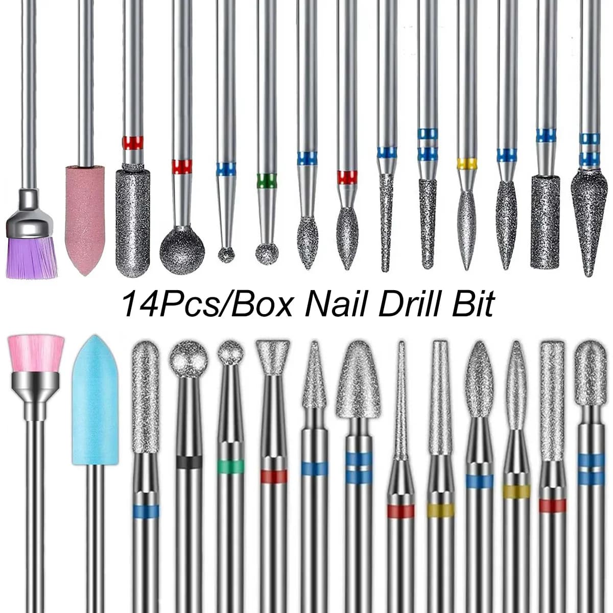 Set of 14 tips for nail cutters, gel removal tools and polishing, rotating polisher for pedicure and manicure