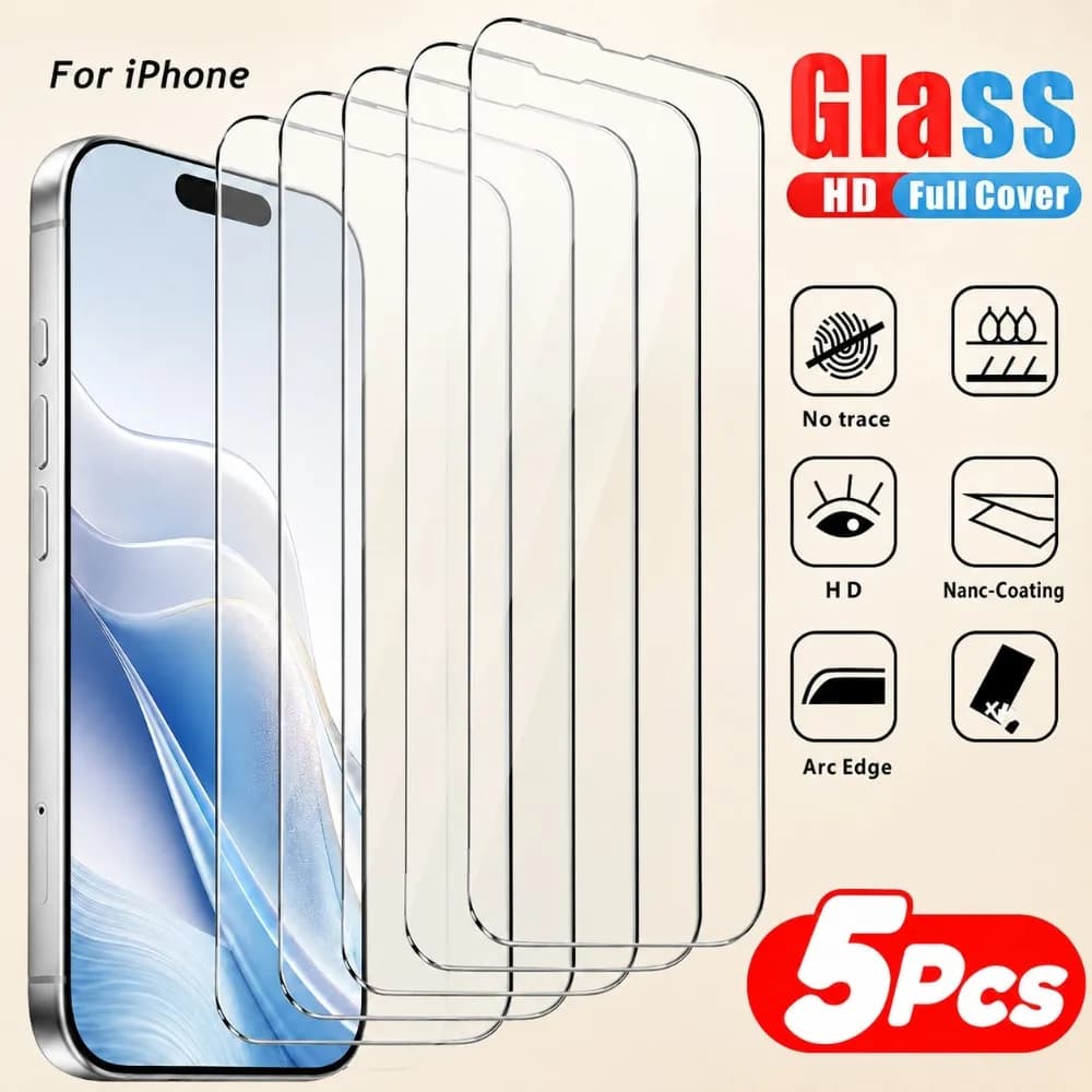 5Pcs Ultra Clear Tempered Glass for iPhone 18 17 16 15 Pro Max 16e 17e 14 13 12 11 Pro 15 14 Plus Anti-Scratch Screen Protector
