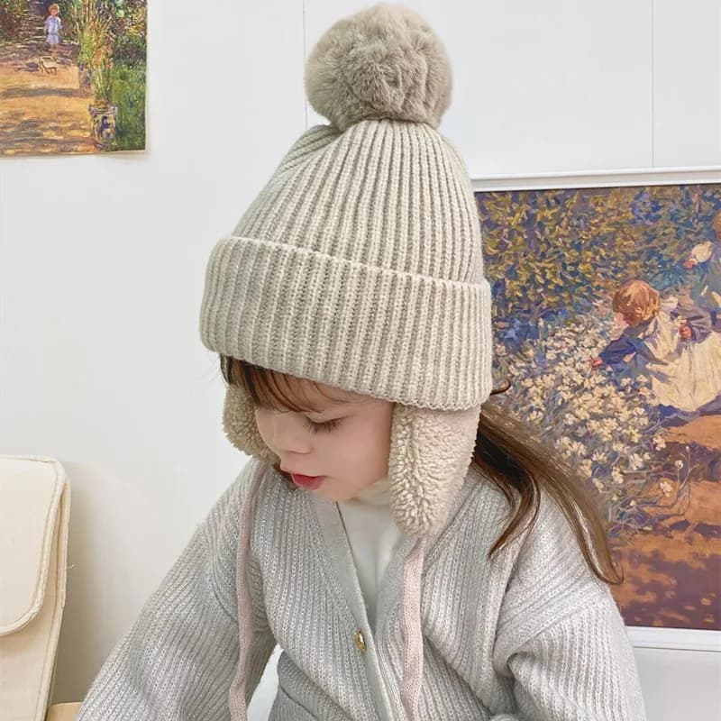 2-8T Cappello da bambino Berretto con pompon grande con paraorecchie Berretto lavorato a maglia per bambini in peluche di lana per ragazze Ragazzi Inverno Spessore caldo Accessori per bambini