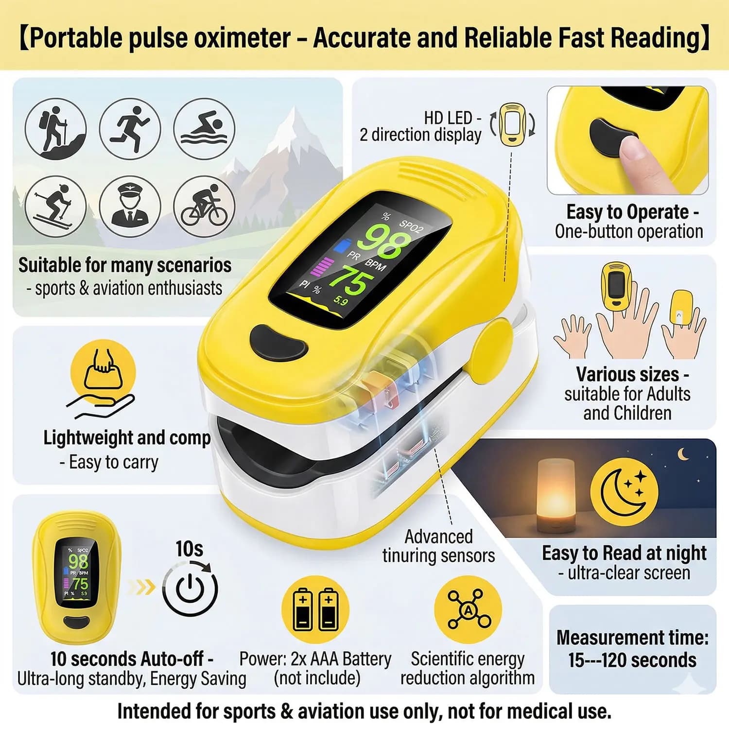 Pulsossimetro da Dito per Uso Medico, Monitor per Saturazione dell'Ossigeno nel Sangue, Lettura Rapida di Frequenza Cardiaca e SpO2, Misuratore di Ossigeno