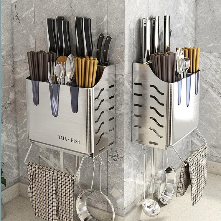 Stainless steel kitchen knife rack, chopstick cage, knife holder, integrated storage rack, non-punching wall-mounted chopstick
