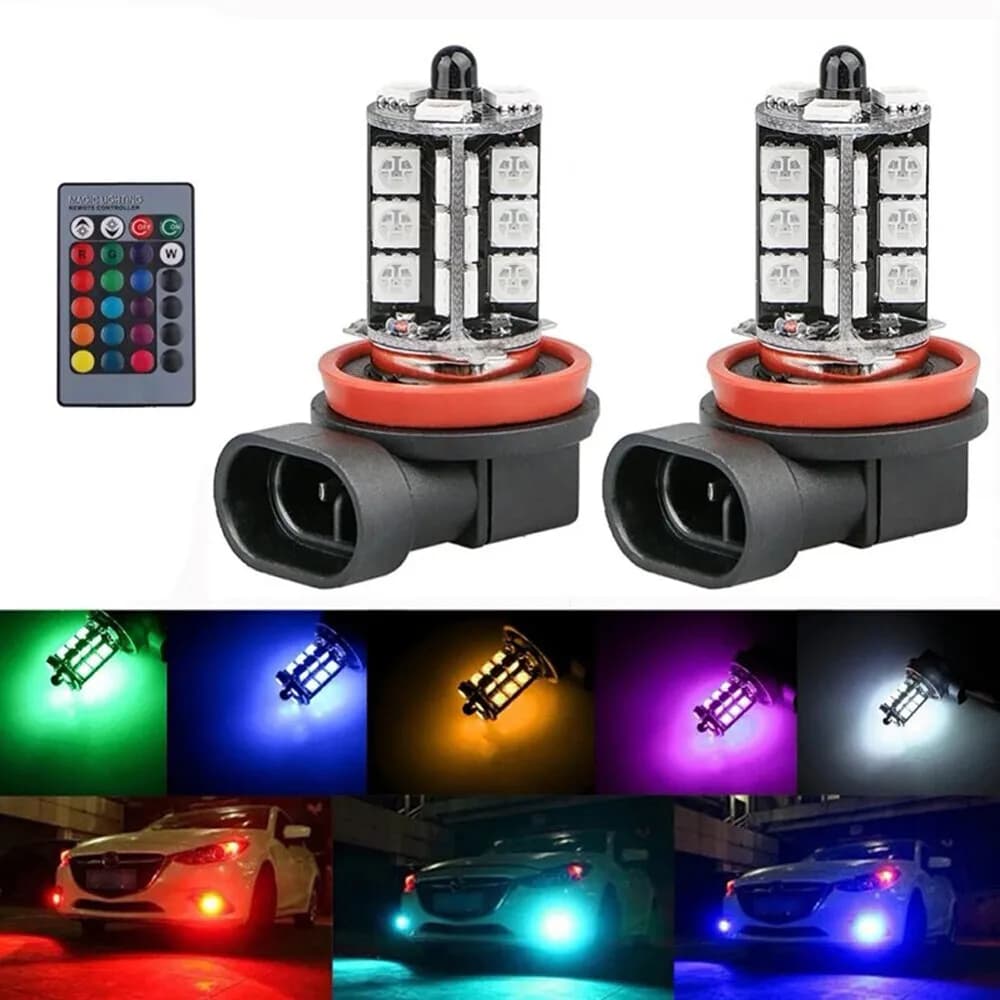 2x RGB H11 H9 H8 5050 27SMD Auto Faro Fendinebbia Lampada a LED Lampadina Telecomando