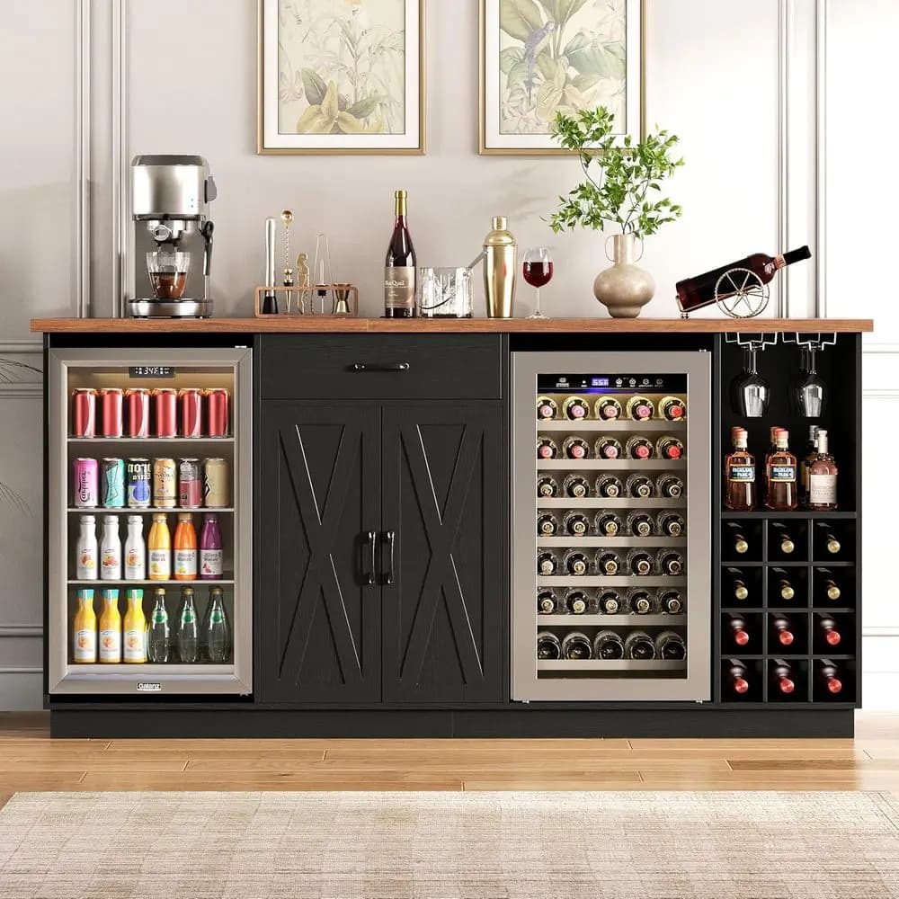 Large 78.74 Coffee Bar Cabinet with Ridge Space, Mini Ridge Cabinet Storage, Liquor Cabinet with Wine Rack and Glass Holder for