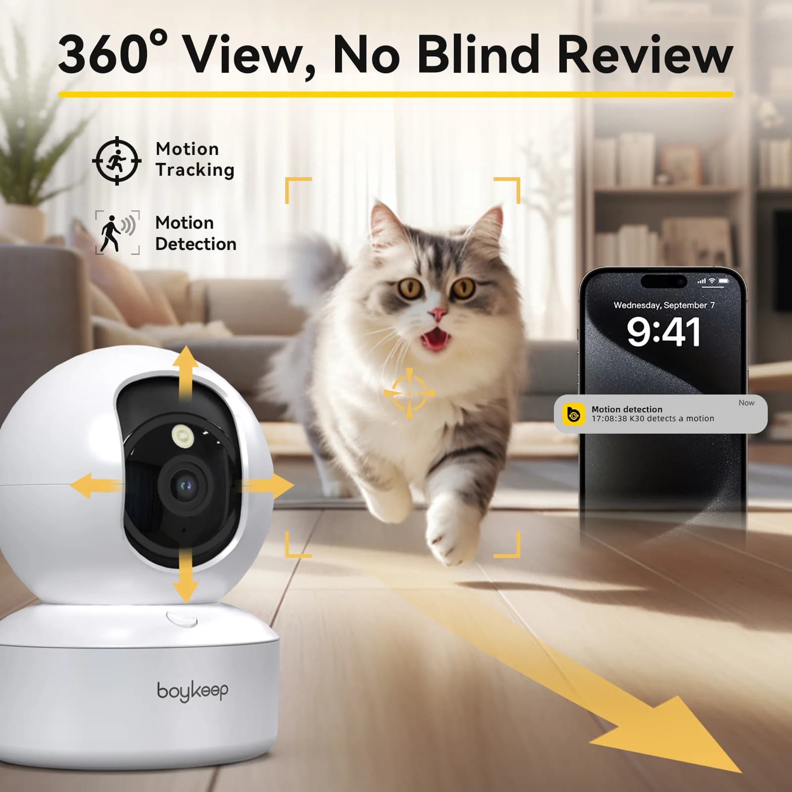 Boykeep Telecamera per cani da compagnia 2K con app per telefono, telecamera per bambini di sicurezza interna WiFi 5G/2,4GHz, 360 ° Pan & Tilt, audio bidirezionale, visione notturna