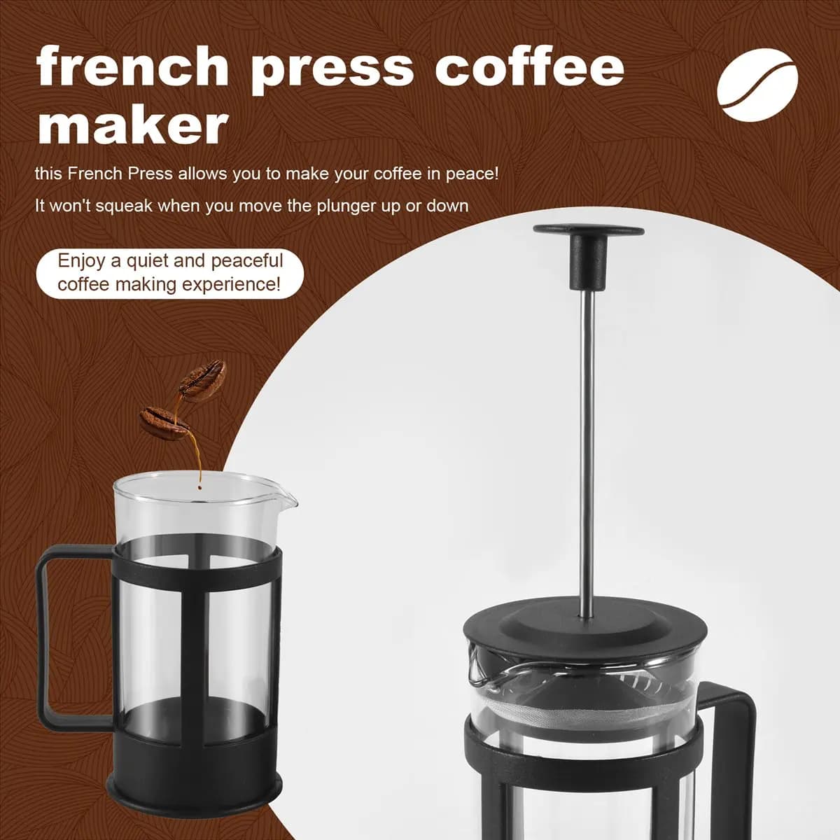 A47T French Press Coffee & Tea Maker 12Oz, Thickened Borosilicate Glass Coffee Press Rust-Free and Dishwasher Safe