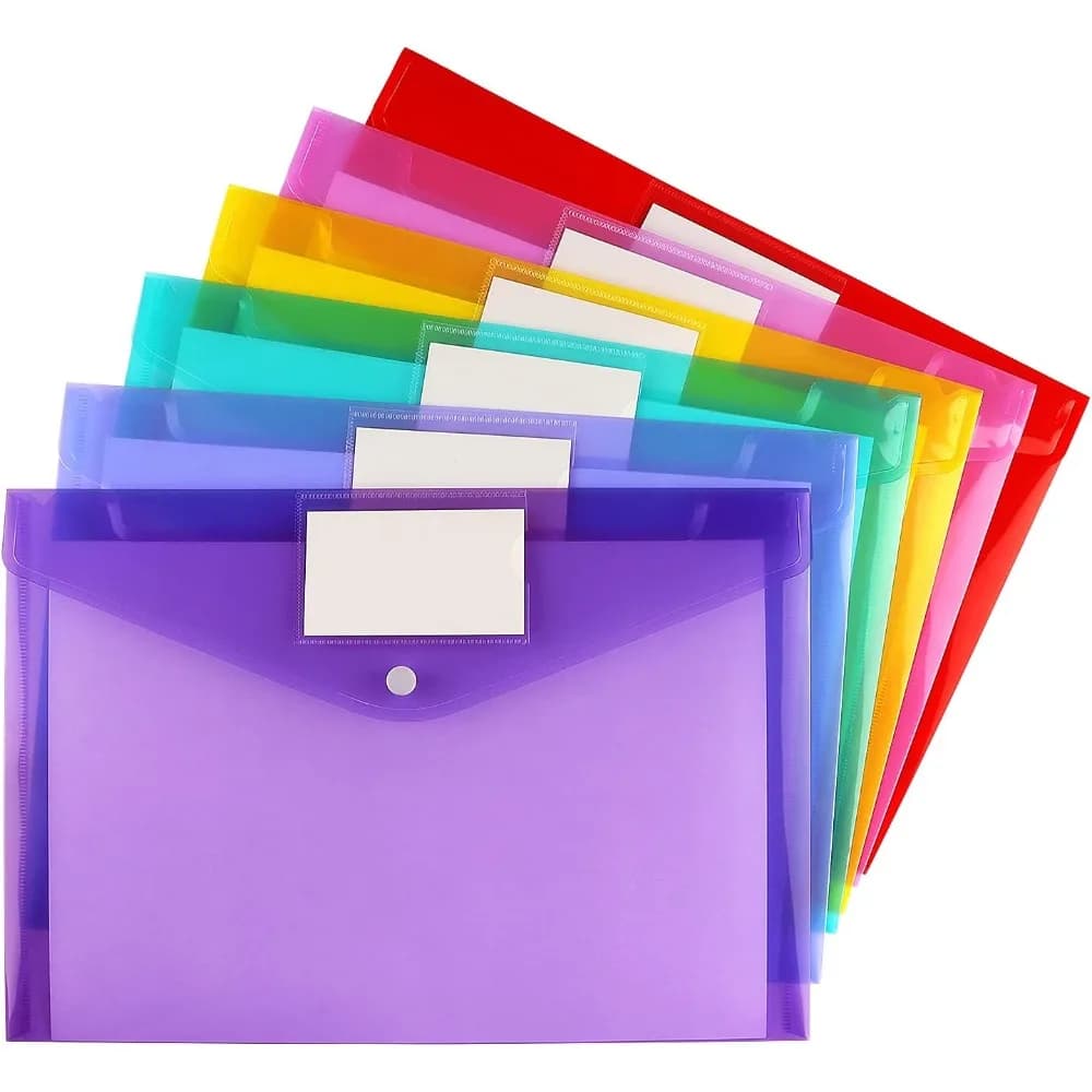 Confezione da 6 Buste Portadocumenti Trasparenti in Plastica con Tasca per Etichetta e Bottone a Pressione per Casa e Lavoro