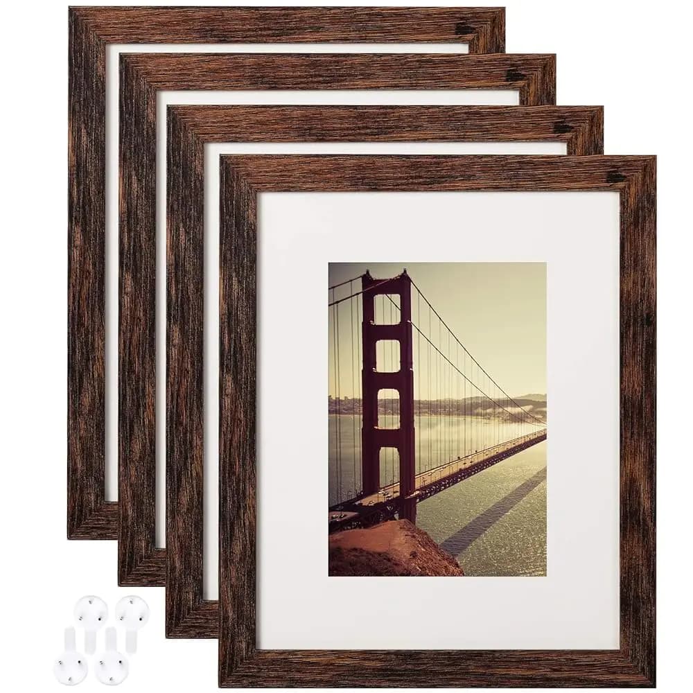 Photo Frame 8x10 Brown Rustic Effect Wood 4 Set with Tempered Glass, Photo Display 5x7 with Passepartout or 8x10 Without Passepartout, H