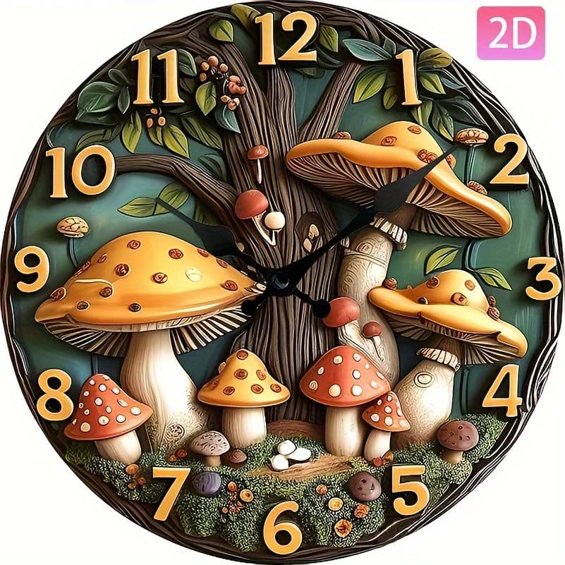 [Orologio a fungo carino] Orologio da parete rotondo silenzioso | Design dell'albero dei funghi 3D, senza ticchettio,