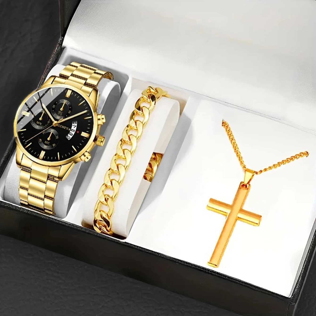3 pcs/set men's fashion stainless steel watches businessman quartz watch men's casual wrist watch and necklace set with bracelet