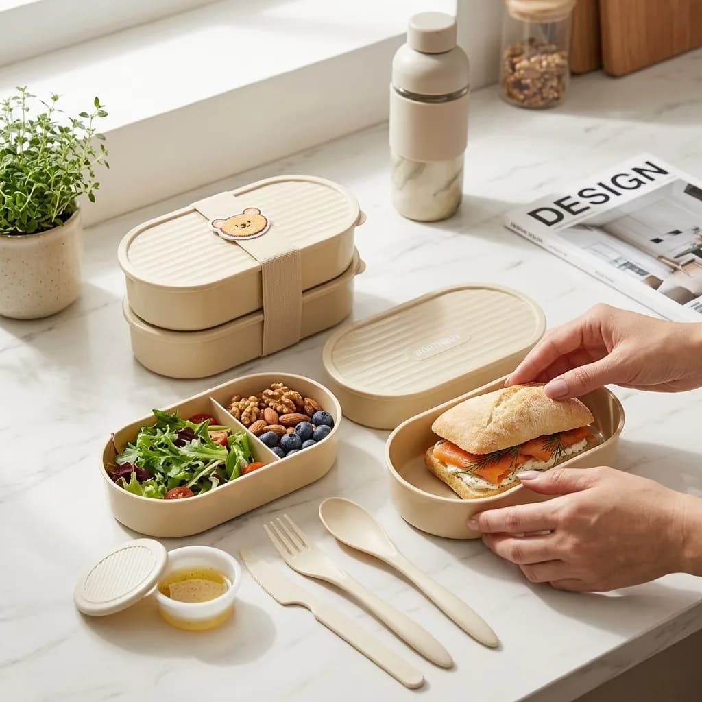 Double Layer Oval Lunch Box With Cute Strap Reusable Plastic Bento Box Kids Students School Food Container Microwave Safe