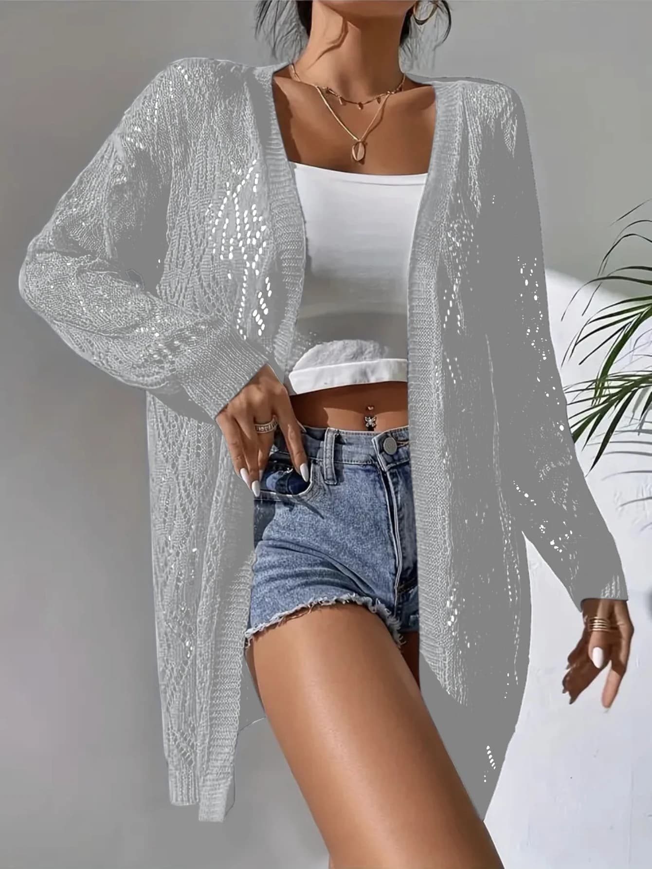 Cardigan Aperto Taglie Forti, Maglione Casual Ampio con Motivo a Rombi, Abbigliamento Donna Moda Primavera Autunno