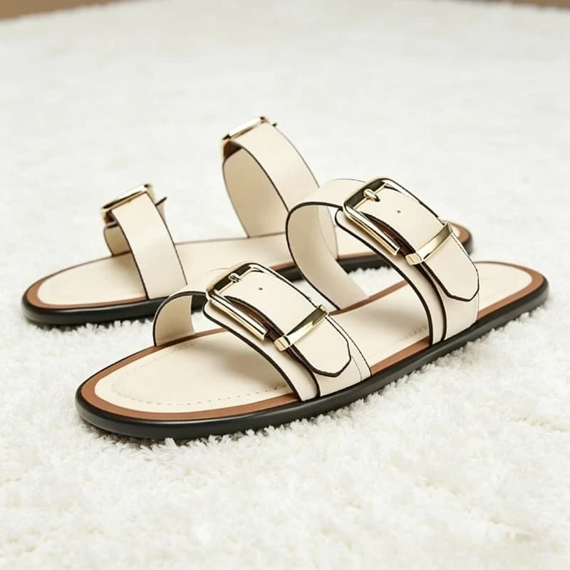 Women's Brand Flat Slippers Design With Double Metal Clasp Double Strap Large Strap Roman Beach Shoes Infradito Mocassini comfort