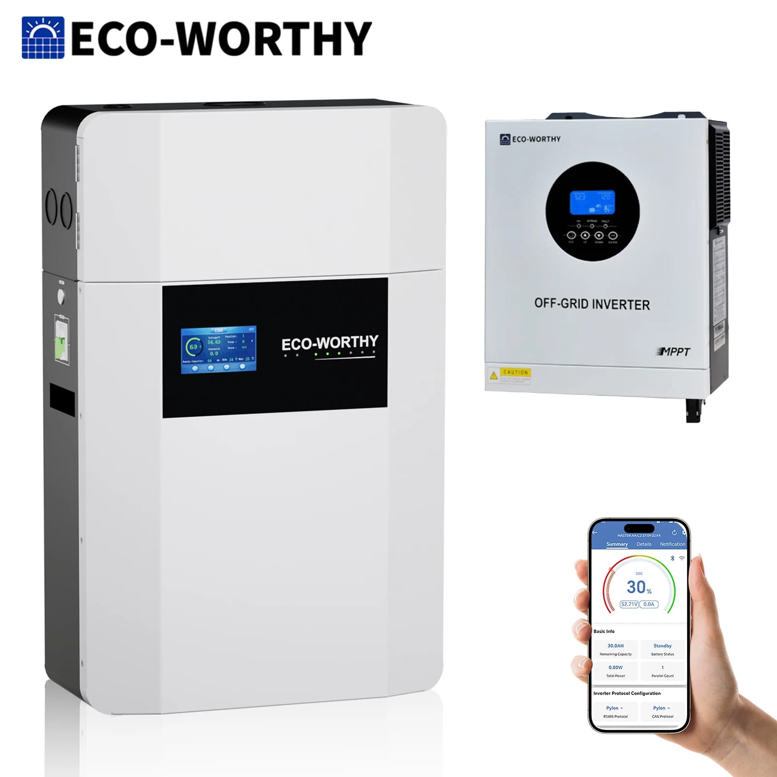 ECO-WORTHY Batteria al Litio da Parete 48V 100Ah per Interni + Inverter Off-grid 5KW