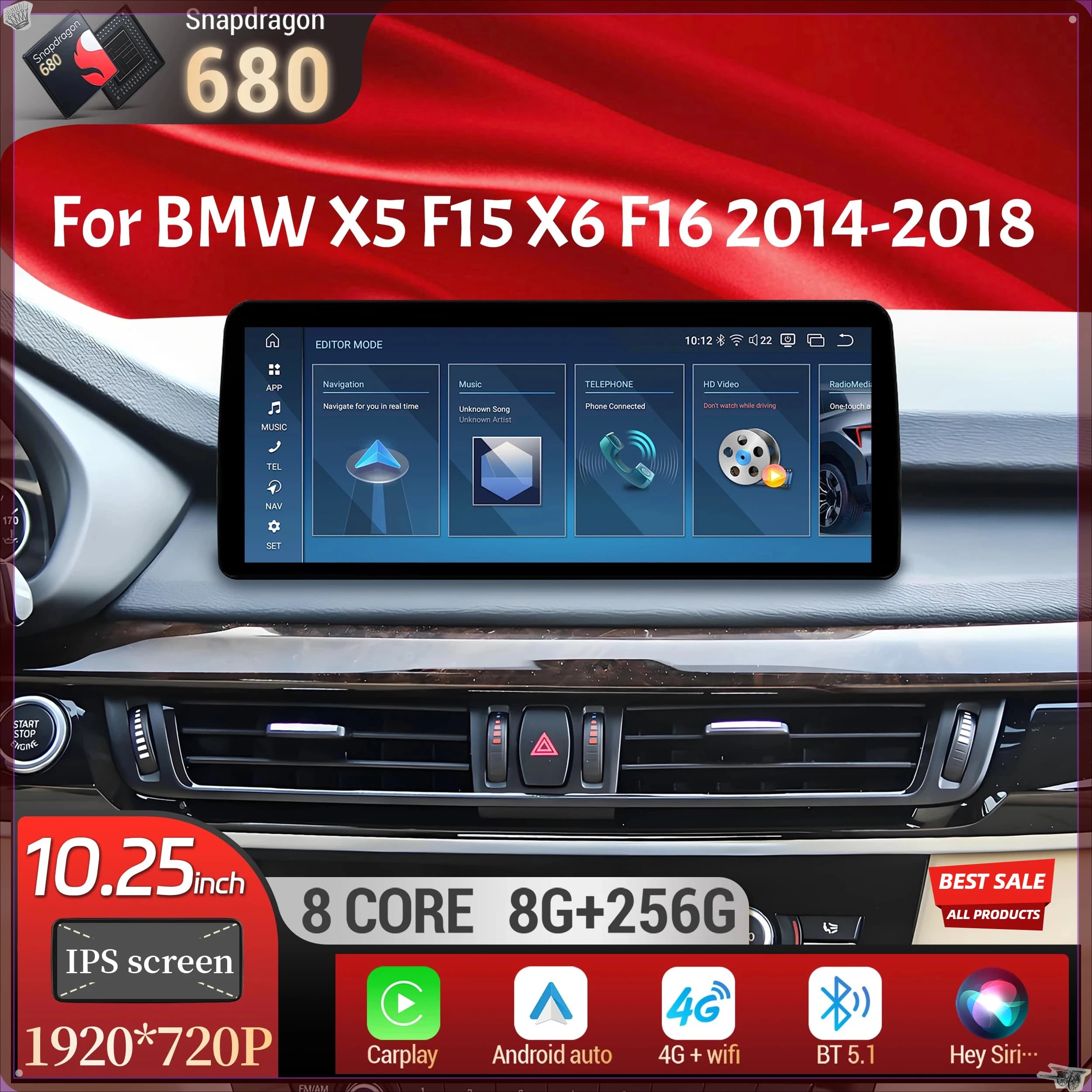 Autoradio Android 14 da 10,25 pollici per BMW X5 F15 X6 F16 2014-2018, con Bluetooth Wireless, Carplay e Touchscreen Snapdragon 680