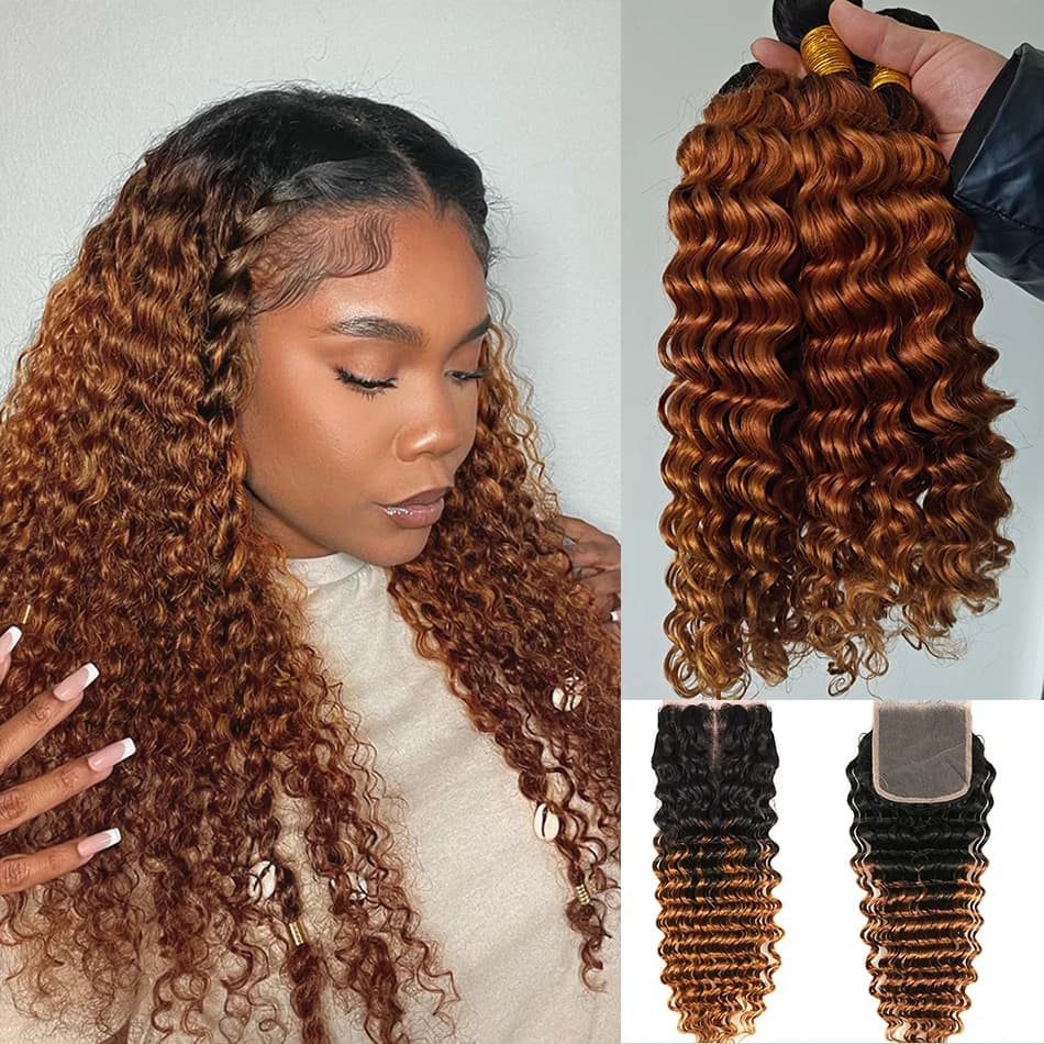 DreamDiana 12A onda profonda brasiliana 3 fasci con chiusura fasci di capelli umani Ombre con chiusura fasci di capelli ricci con chiusura