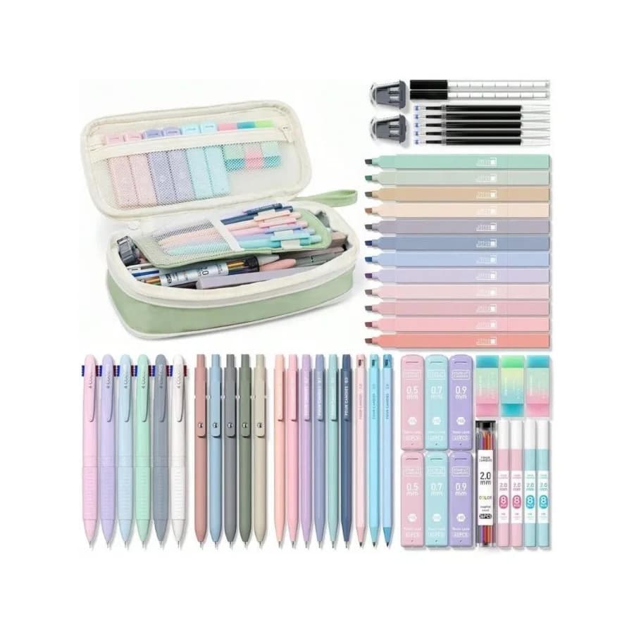 Four Candies 39 PCS Aesthetic School Supplies With Cute Pen Case, 12 Pastel Highlighters, 5 Black Ink Gel Pens, 6 Mechanical Pe