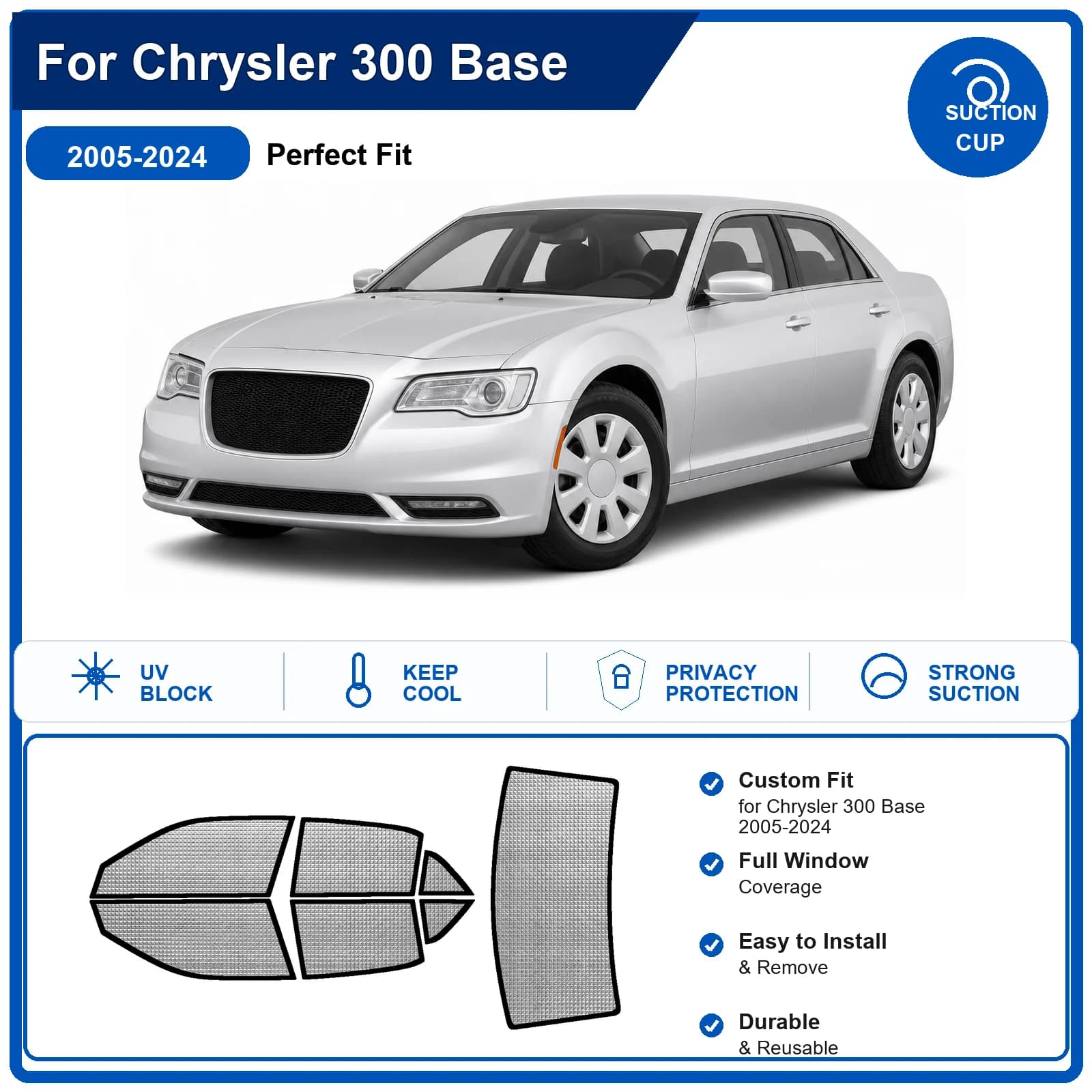 For Chrysler 300 Base 2005-2024 Custom Full Set Windshield Sun Shade Aluminum Foil Heat Insulation Anti UV Foldable