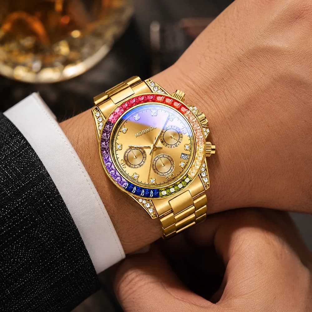 MOBWOL Men's Watch, Slim Stainless Steel Calendar Fashion Quartz Watch Diamond Inlaid Dial Luminous Waterproof Men Wristwatch